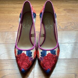 Jessica Simpson embroidered flower heels